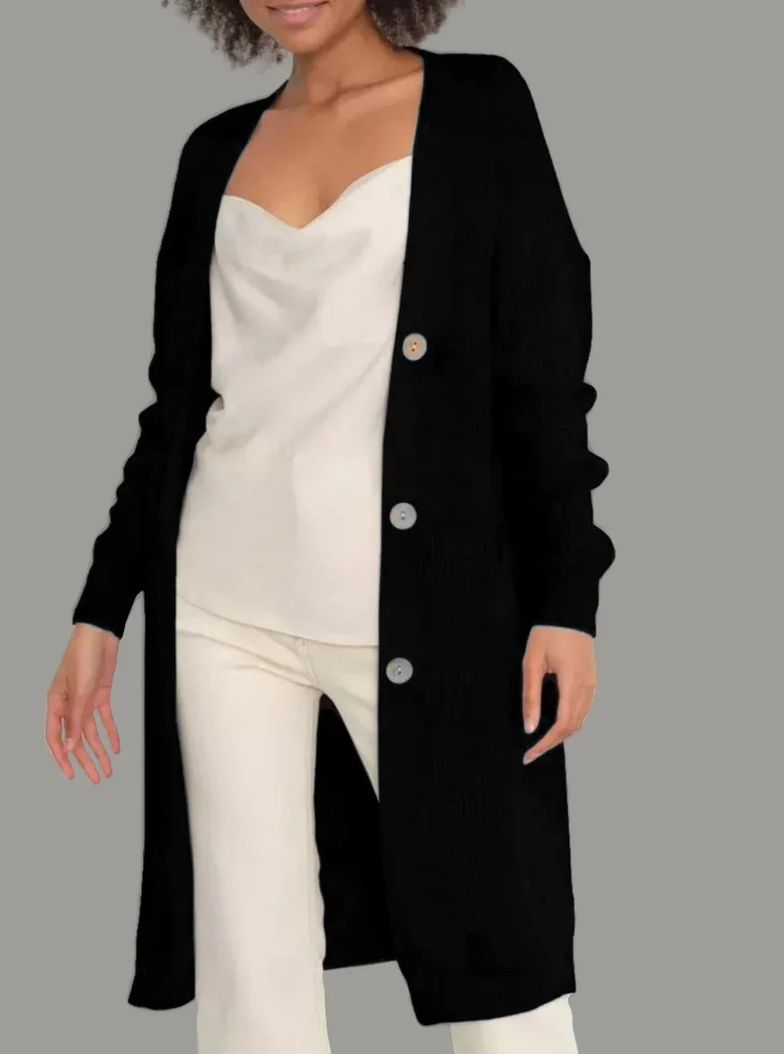 Women's Long Cardigan – Relaxed Fit – Soft Knit – Button Closure – With Pockets - Image 3