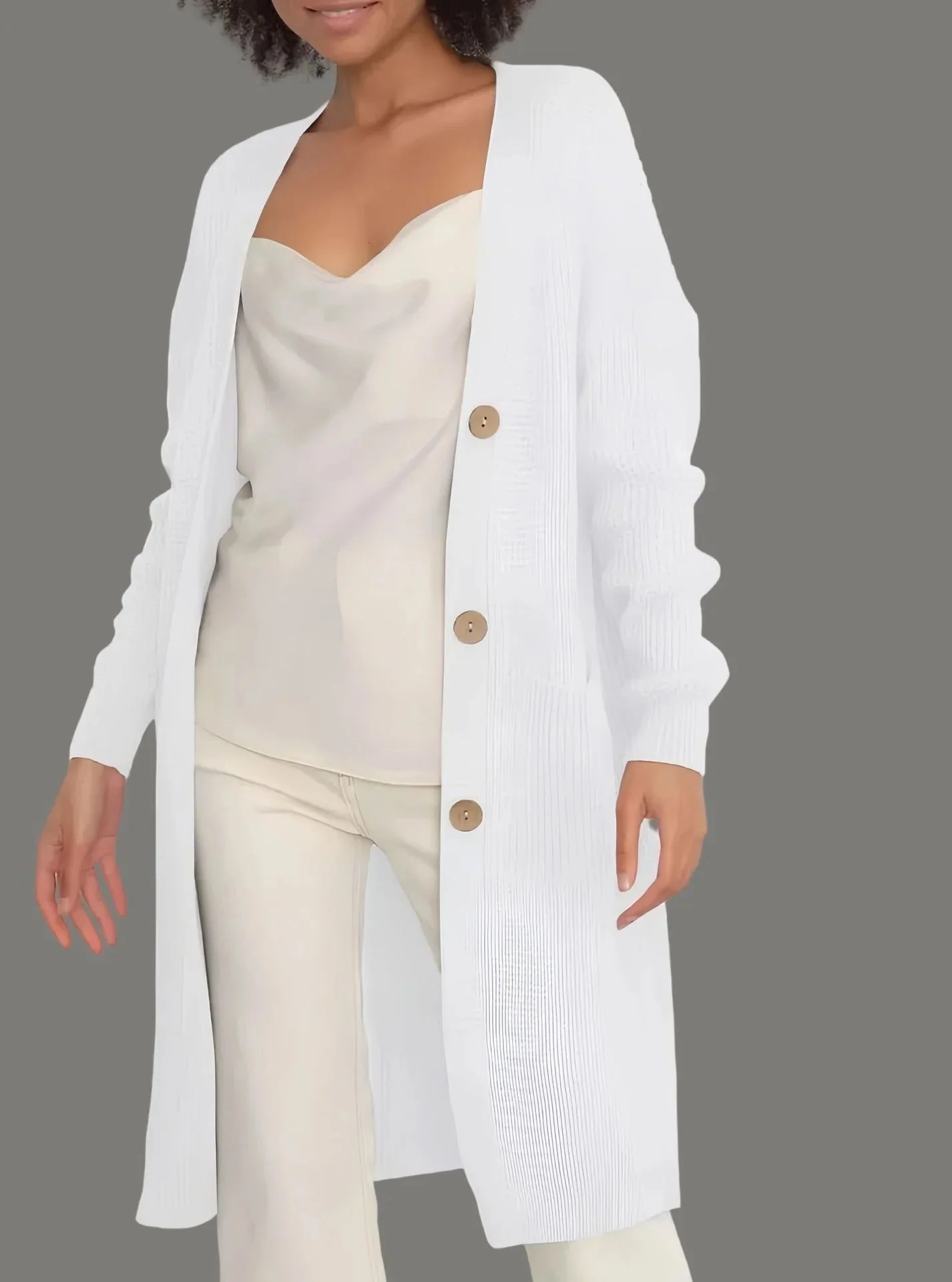 Women's Long Cardigan – Relaxed Fit – Soft Knit – Button Closure – With Pockets - Image 6