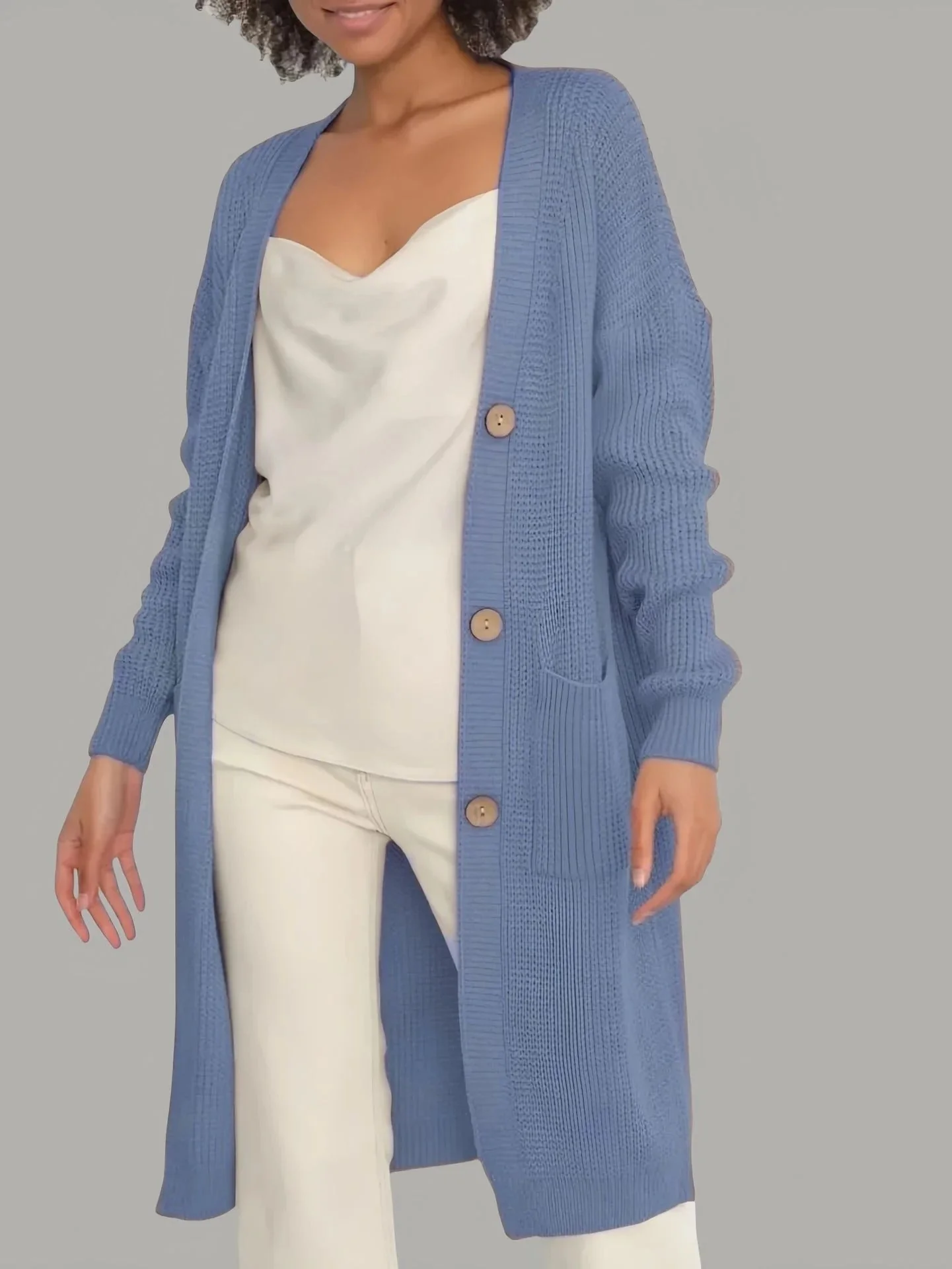 Women's Long Cardigan – Relaxed Fit – Soft Knit – Button Closure – With Pockets - Image 7