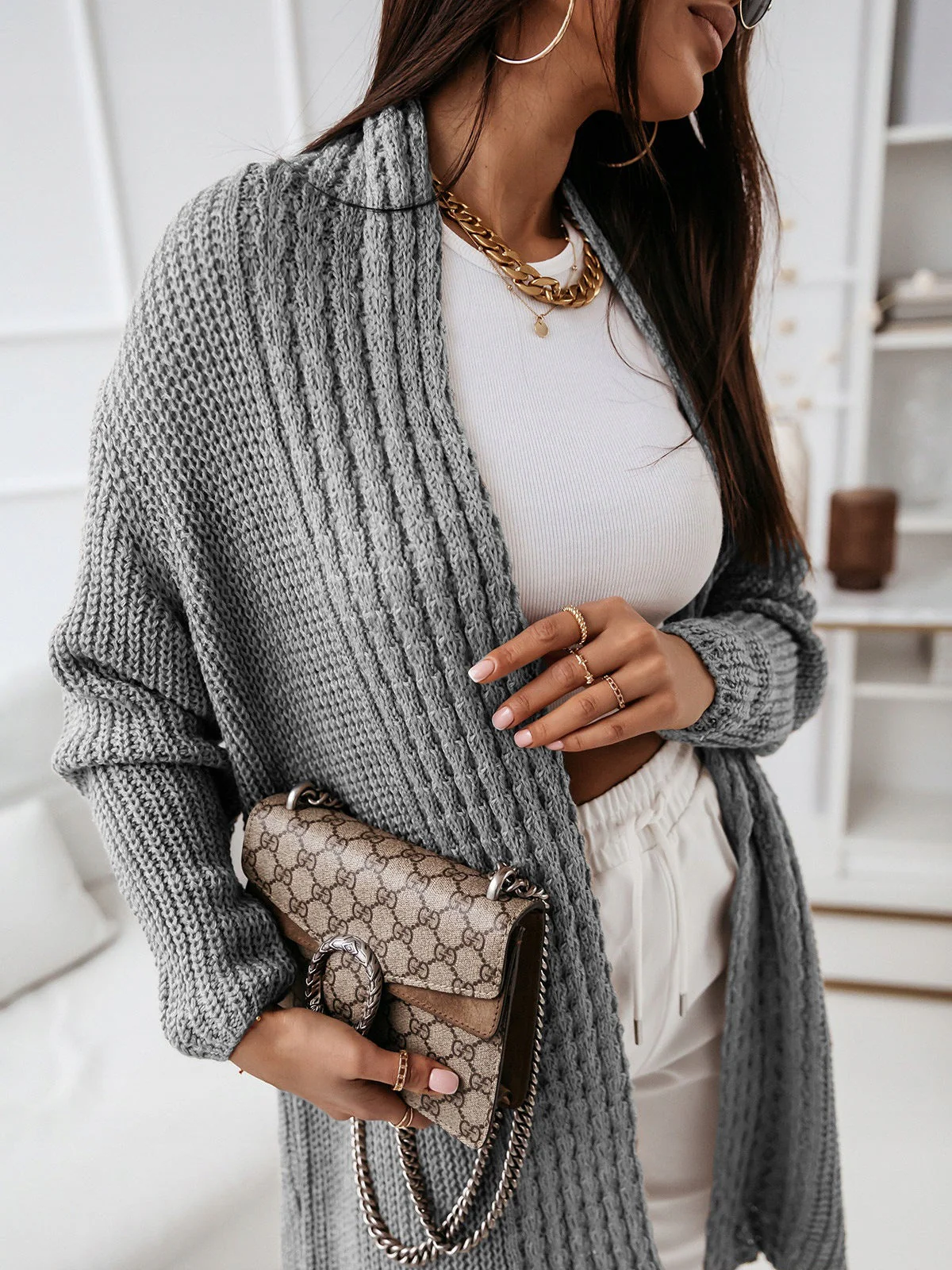 Women's Long Cardigan – Wool Knit – Open Front – Relaxed Fit – Ribbed Design - Image 2