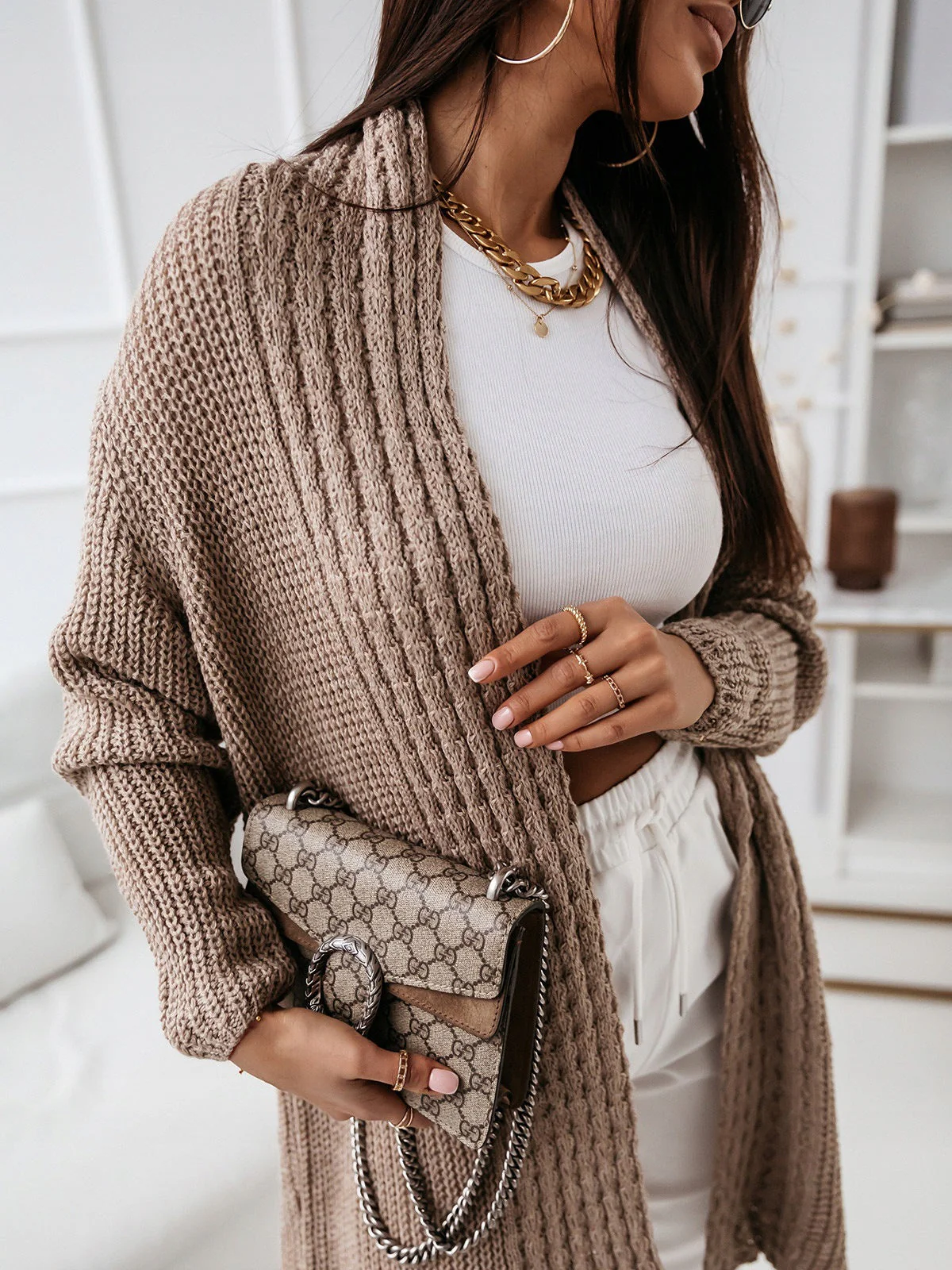 Women's Long Cardigan – Wool Knit – Open Front – Relaxed Fit – Ribbed Design - Image 3