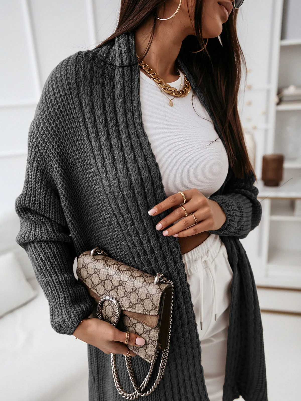 Women's Long Cardigan – Wool Knit – Open Front – Relaxed Fit – Ribbed Design - Image 4