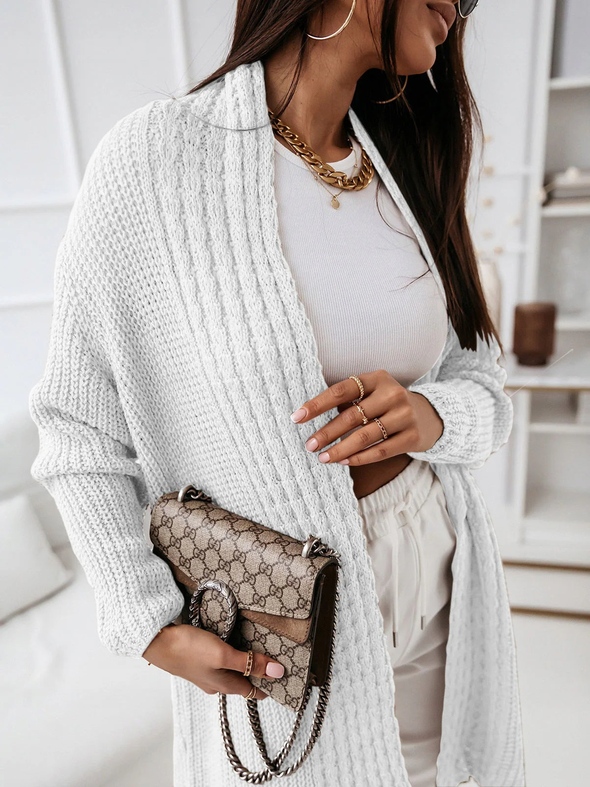 Women's Long Cardigan – Wool Knit – Open Front – Relaxed Fit – Ribbed Design - Image 5