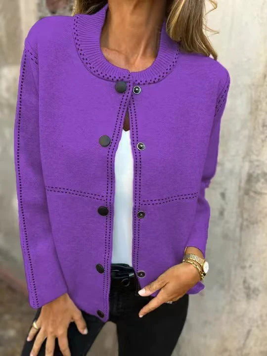Ladies Cardigan – Loose Fit – Knitted Fabric – Button Closure – Round Neck – Ribbed Details - Image 5