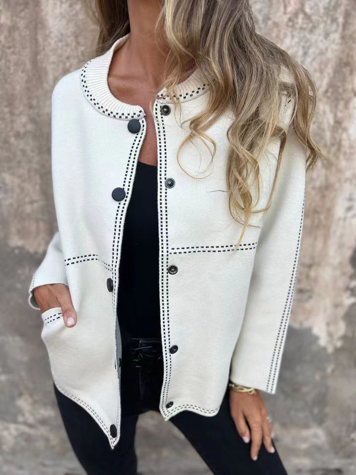 Ladies Cardigan – Loose Fit – Knitted Fabric – Button Closure – Round Neck – Ribbed Details - Image 6
