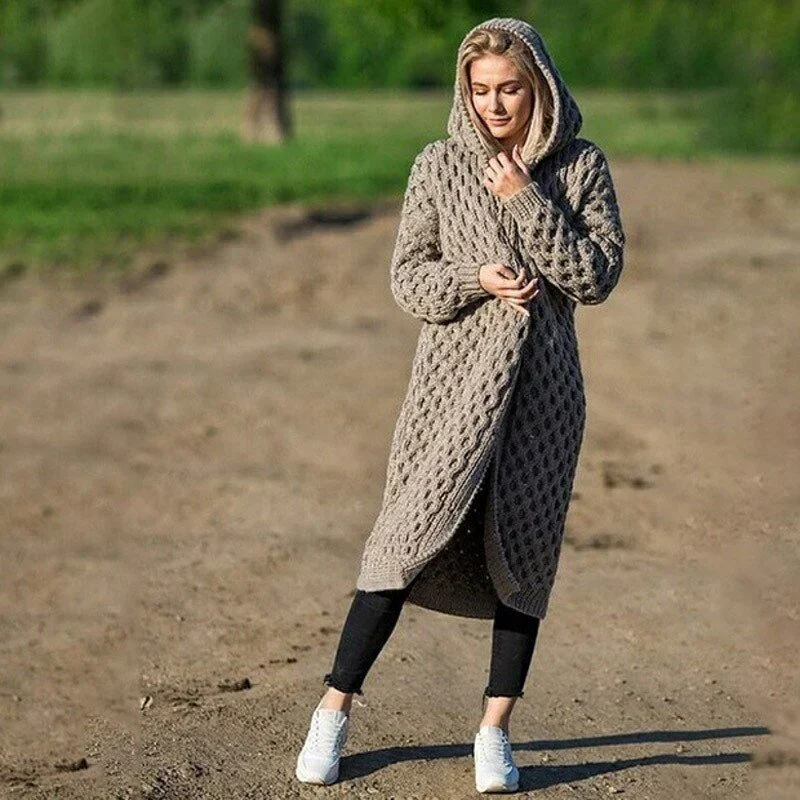 Women's Cardigan With Hood – Wool Knit – Relaxed Fit – Cable Pattern – Long Model - Image 2