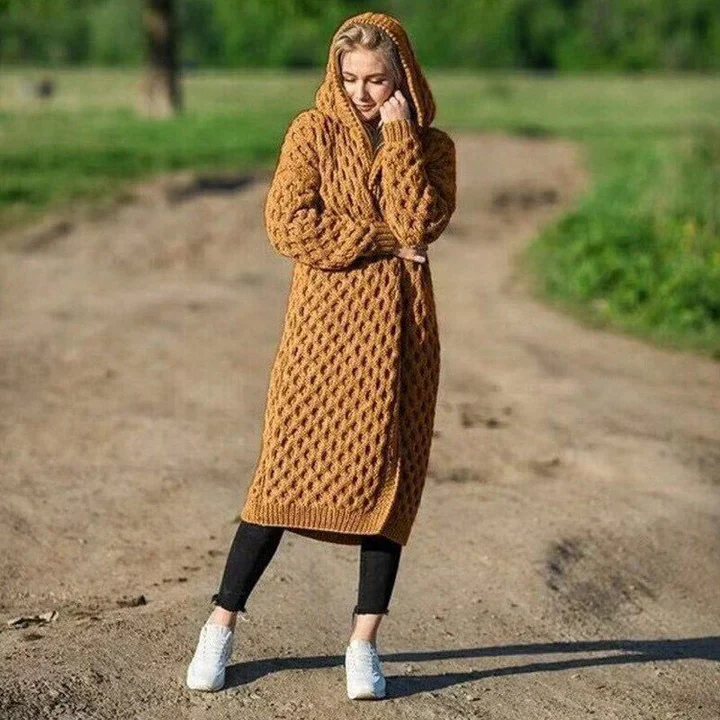 Women's Cardigan With Hood – Wool Knit – Relaxed Fit – Cable Pattern – Long Model - Image 3
