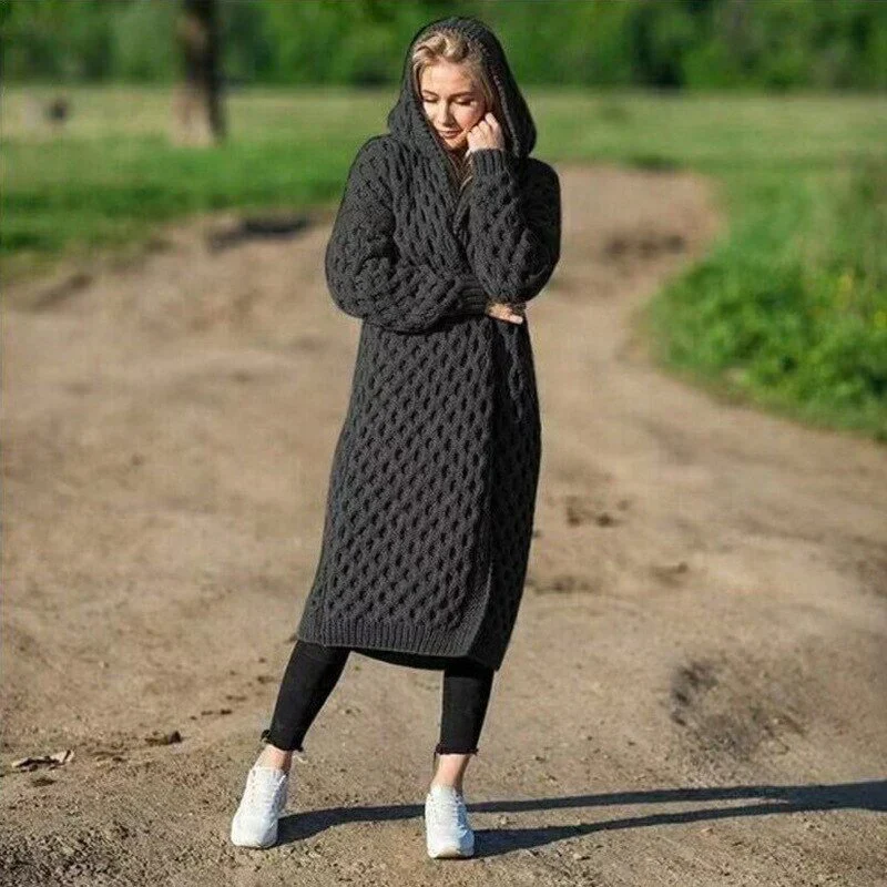 Women's Cardigan With Hood – Wool Knit – Relaxed Fit – Cable Pattern – Long Model - Image 6