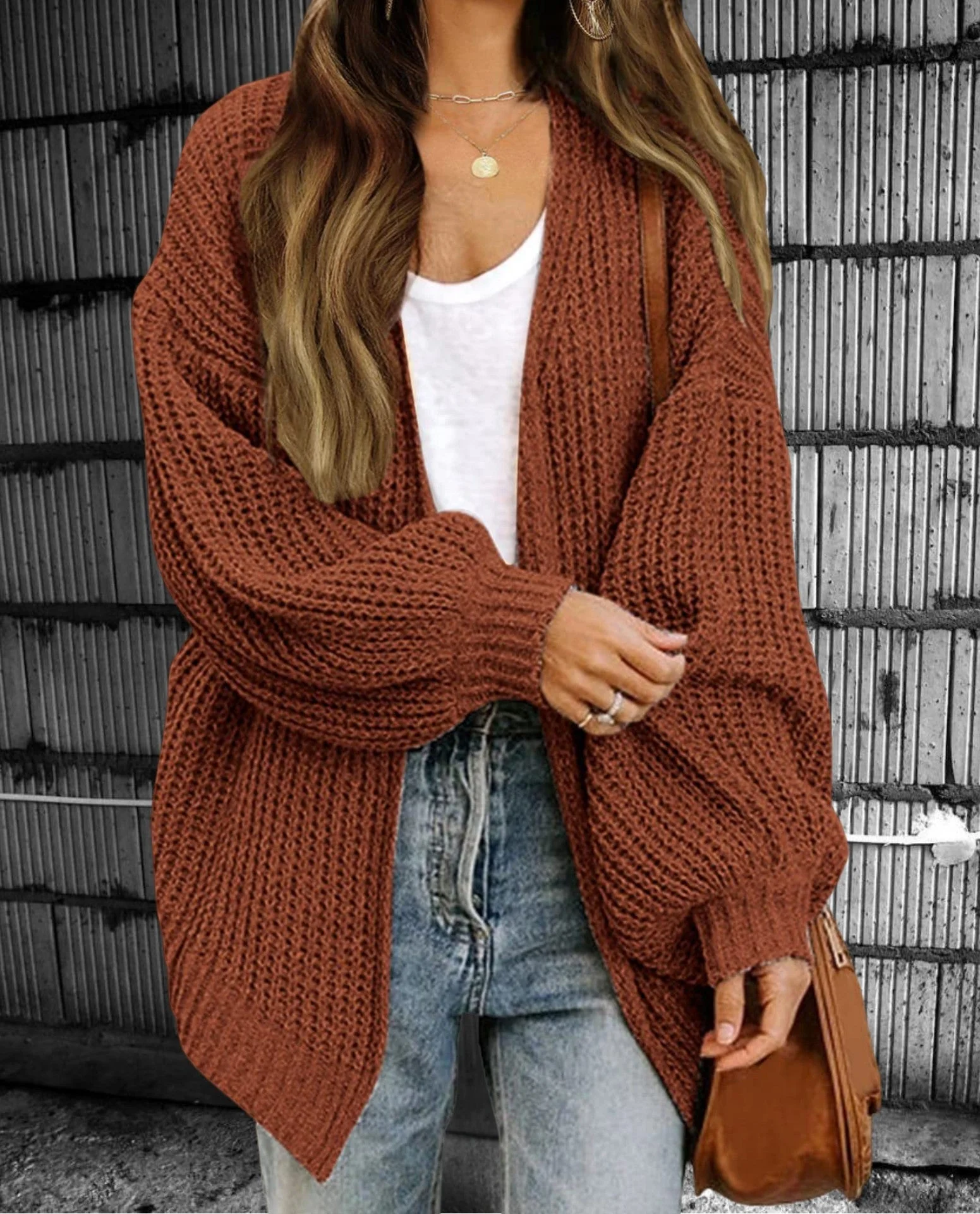 Ladies Cardigan – Oversized Fit – Chunky Knit – Open Front – Long Layered Style - Image 4