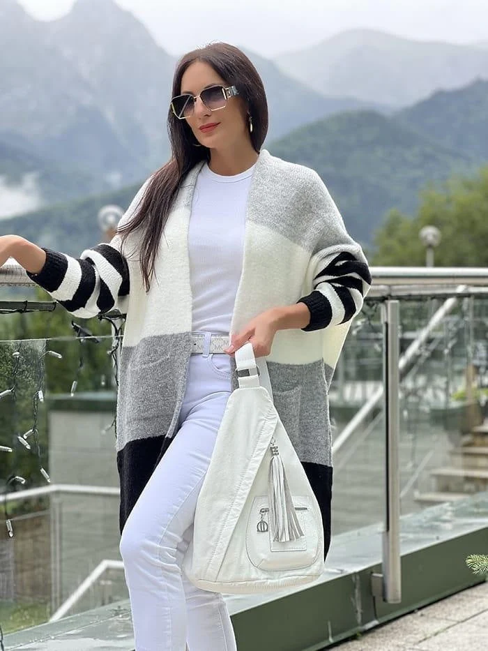 Women's Cardigan – Oversized Fit – Knitted – Long Sleeve – Open Front – Block Stripes - Image 4
