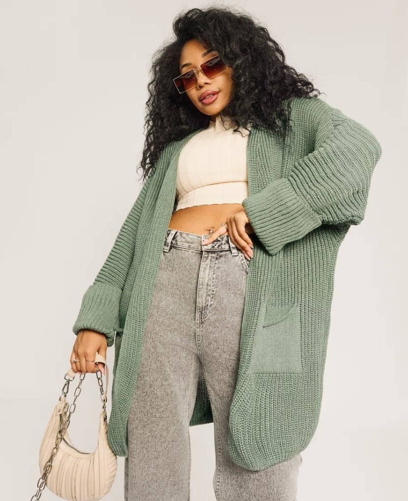 Women's Cardigan – Oversized Fit – Knitted – Open Front – Ribbed Sleeves – With Pockets - Image 3