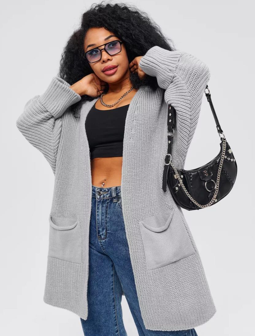 Women's Cardigan – Oversized Fit – Knitted – Open Front – Ribbed Sleeves – With Pockets - Image 4