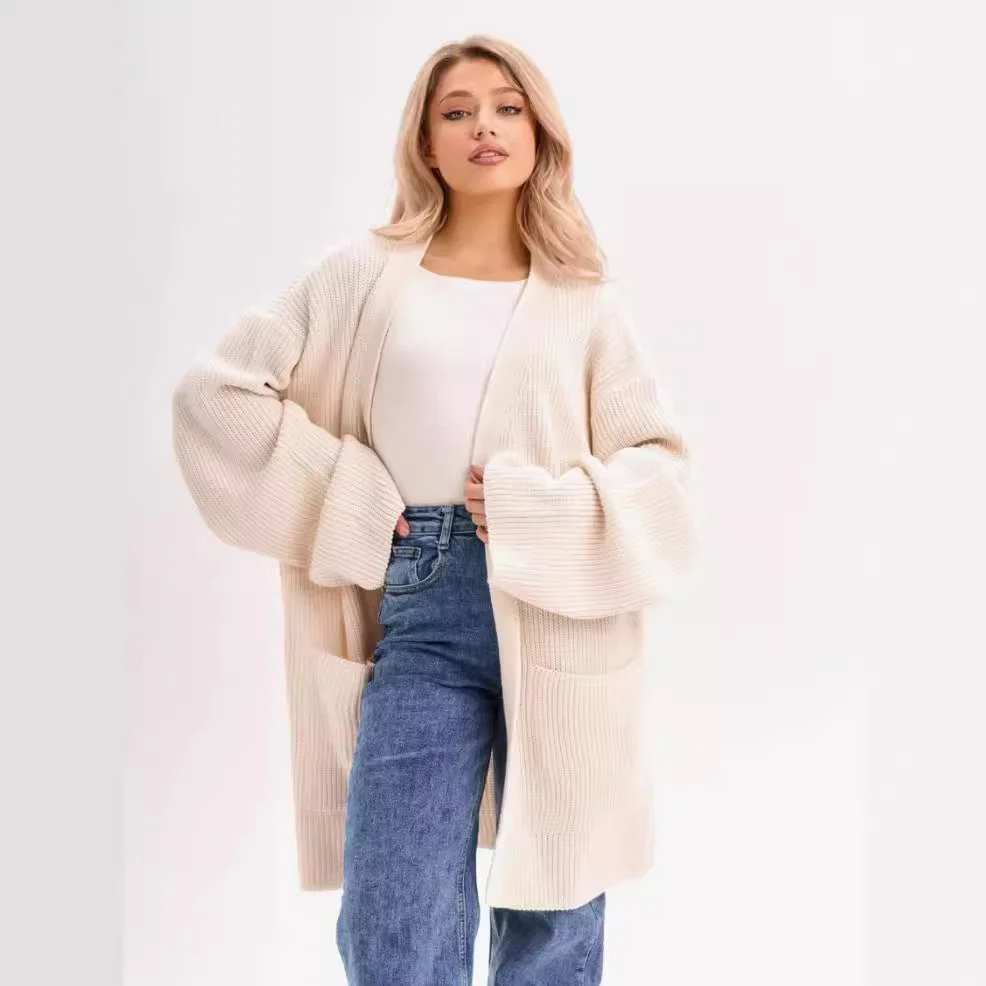 Women's Cardigan – Oversized Fit – Knitted Wool – Long Length with Pockets - Image 2