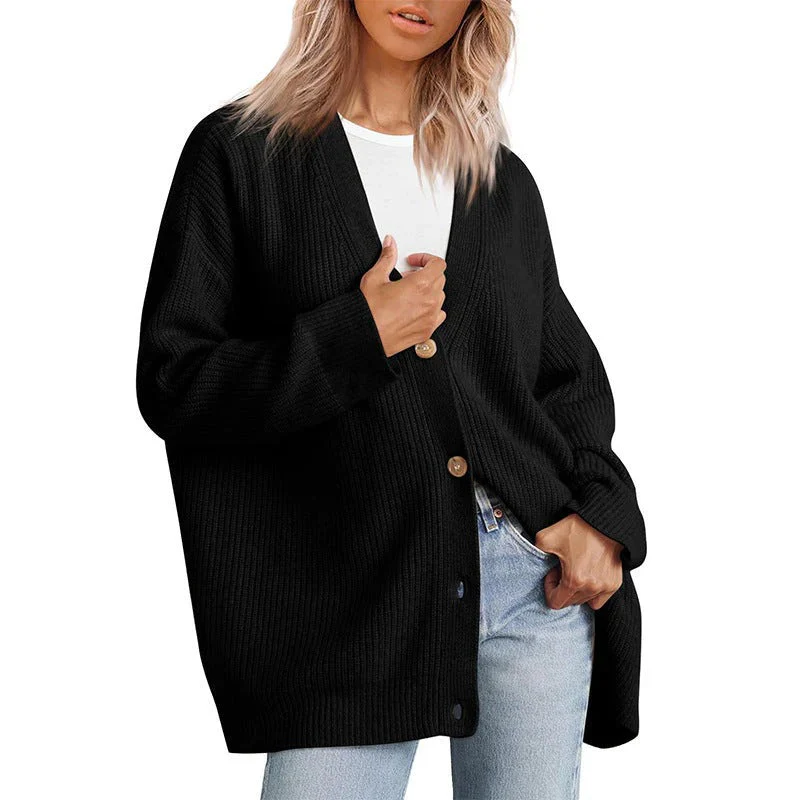 Women's Cardigan – Oversized Fit – Ribbed Knit Texture – Button Closure V-Neck - Image 2