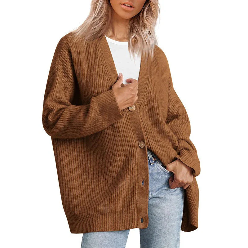 Women's Cardigan – Oversized Fit – Ribbed Knit Texture – Button Closure V-Neck - Image 3