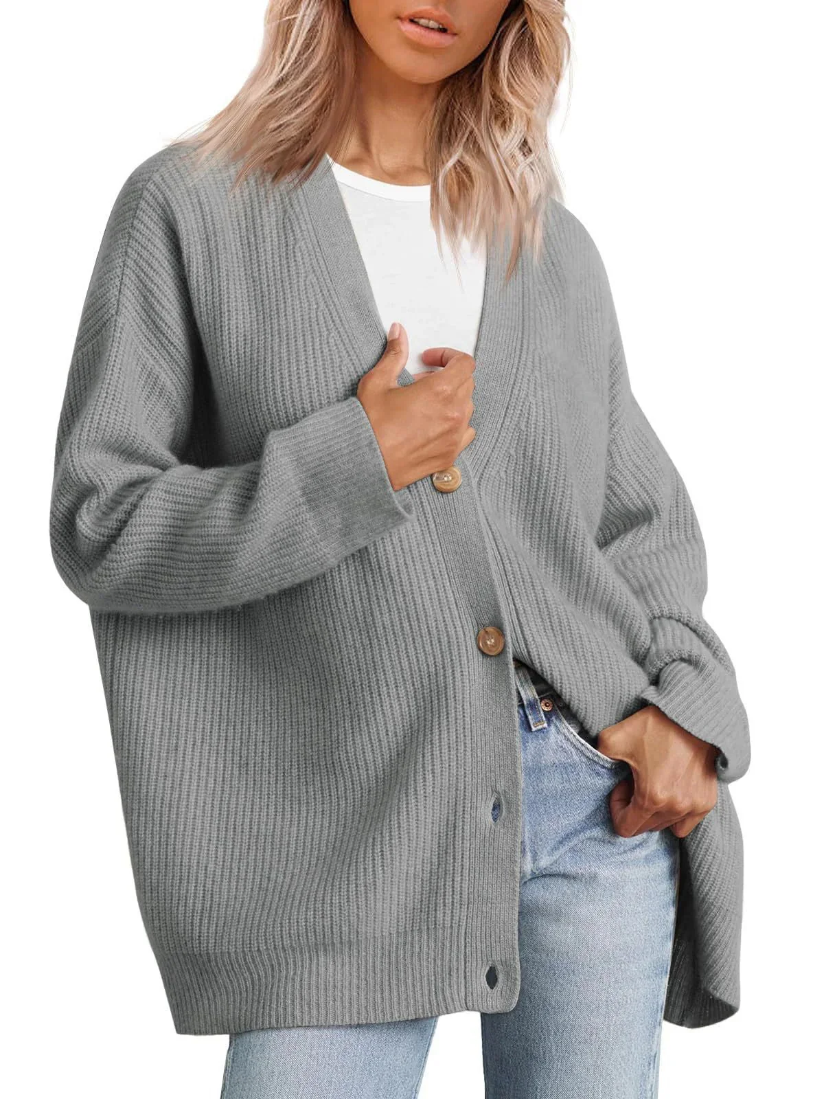 Women's Cardigan – Oversized Fit – Ribbed Knit Texture – Button Closure V-Neck - Image 4