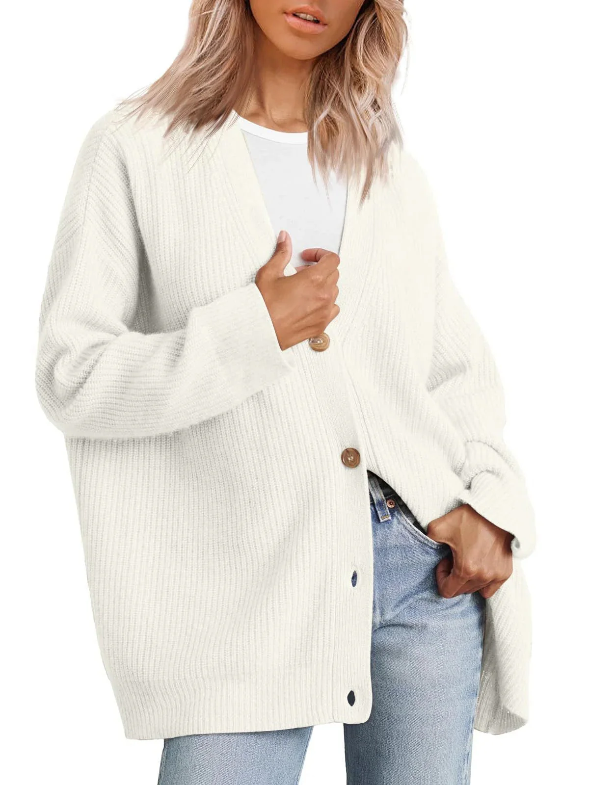 Women's Cardigan – Oversized Fit – Ribbed Knit Texture – Button Closure V-Neck - Image 5