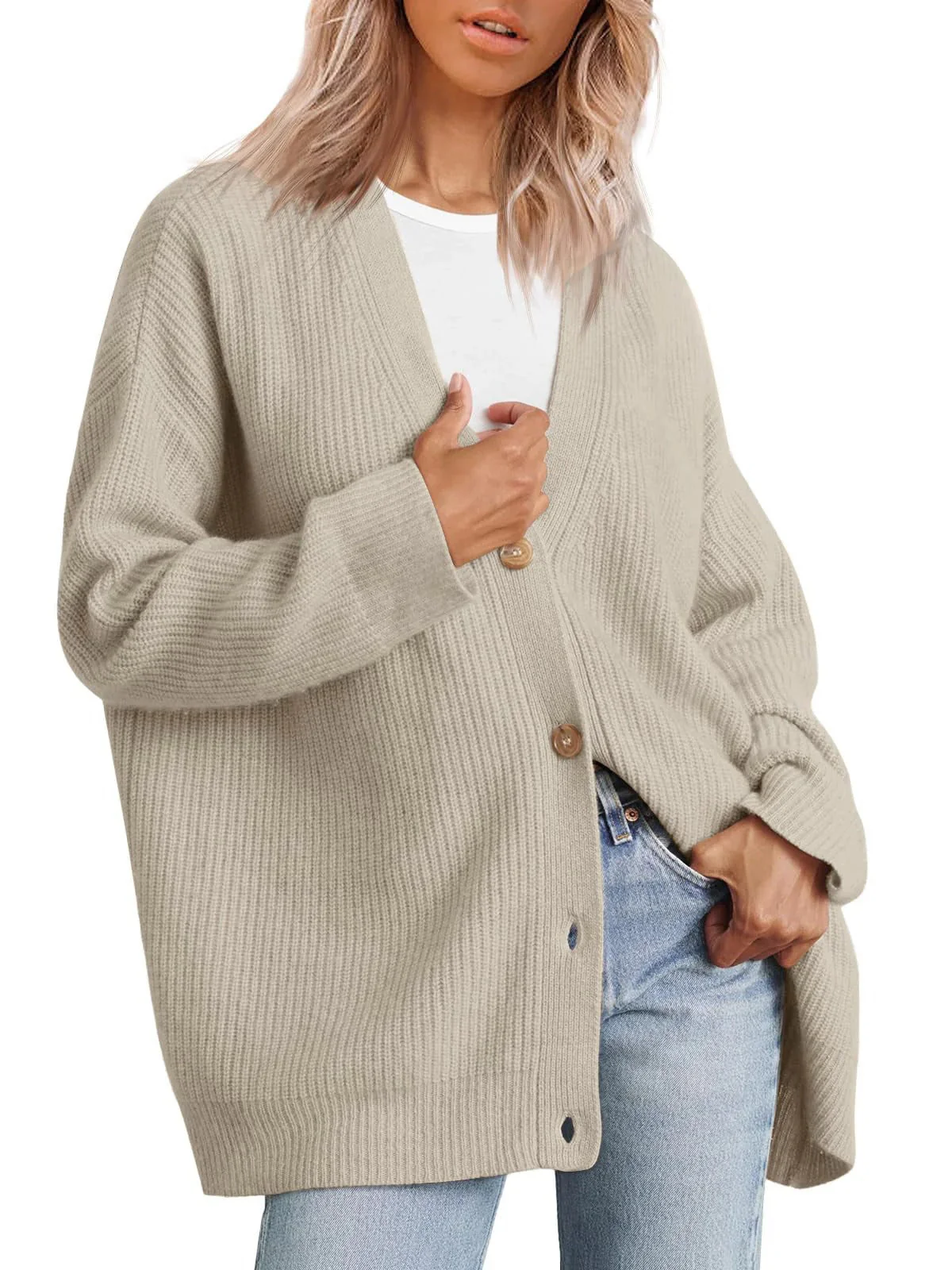 Women's Cardigan – Oversized Fit – Ribbed Knit Texture – Button Closure V-Neck - Image 6