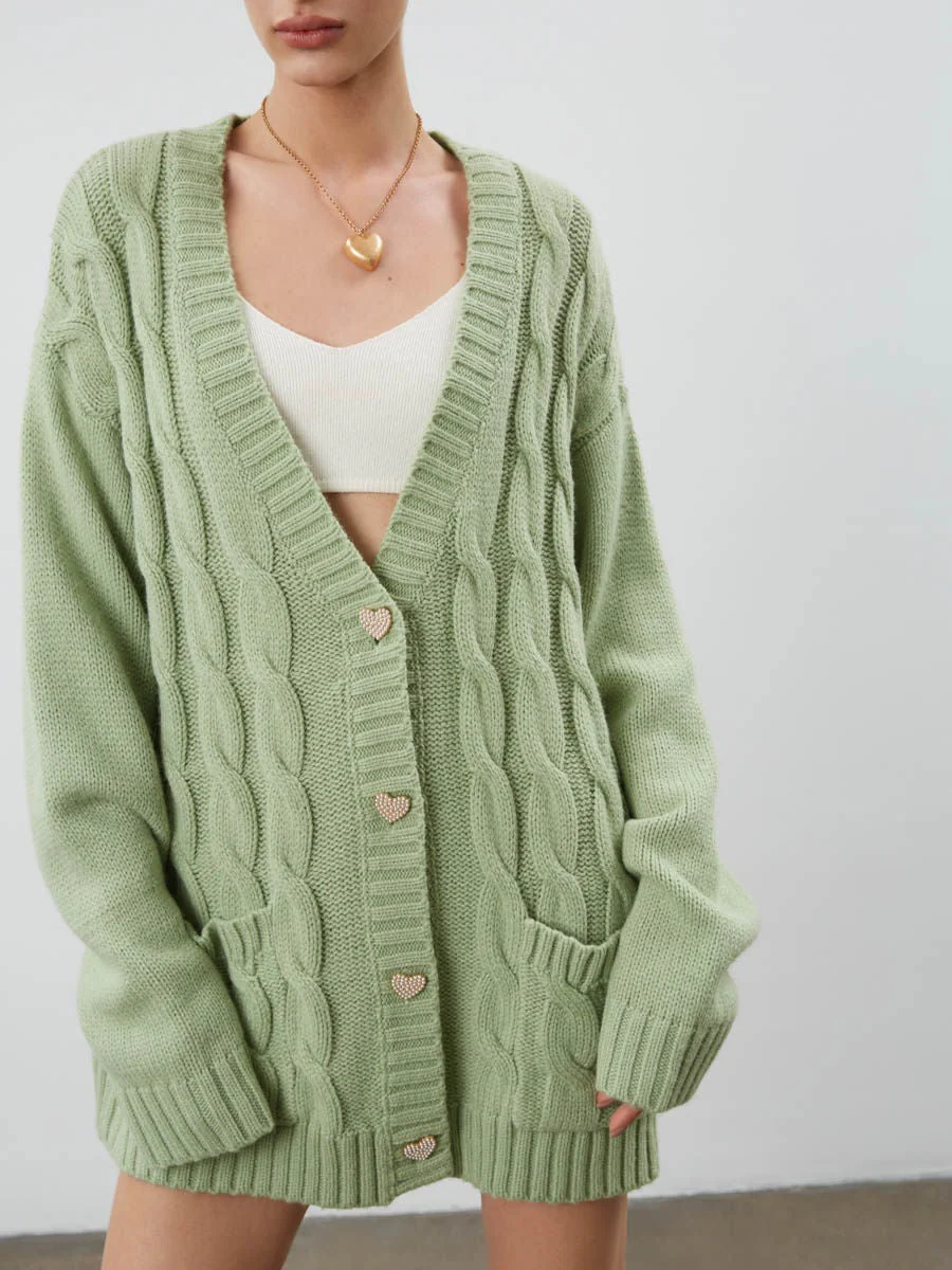 Women's Cardigan – Oversized Fit – Chunky Knit – Cable Pattern – Heart-Shaped Buttons - Image 2