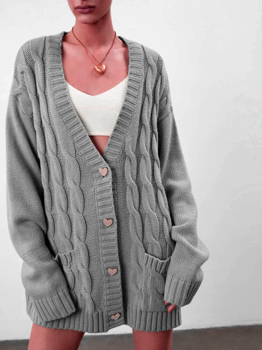 Women's Cardigan – Oversized Fit – Chunky Knit – Cable Pattern – Heart-Shaped Buttons - Image 3