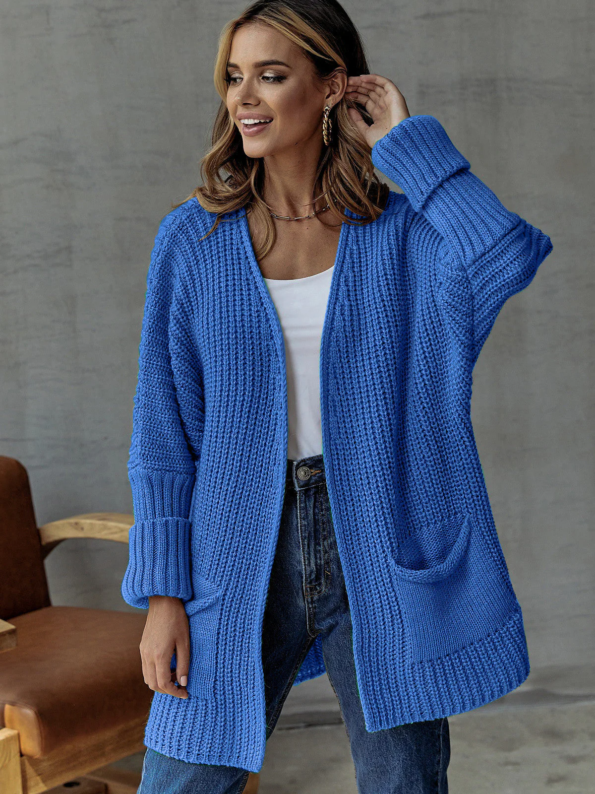 Ladies Cardigan – Oversized Fit – Ribbed – V-Neck – Long Sleeves – With Pockets - Image 2