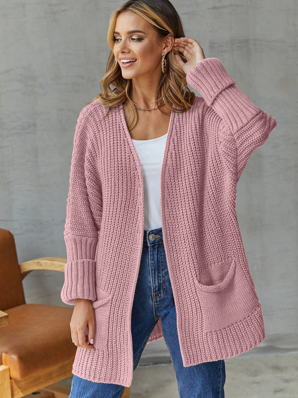 Ladies Cardigan – Oversized Fit – Ribbed – V-Neck – Long Sleeves – With Pockets - Image 3