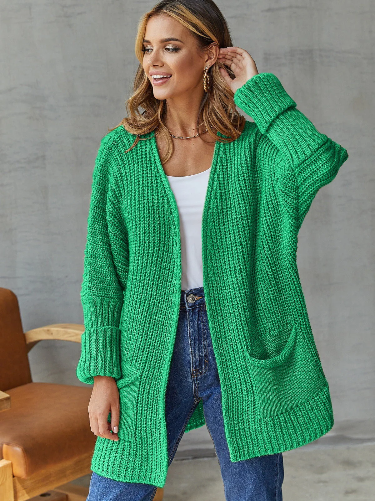 Ladies Cardigan – Oversized Fit – Ribbed – V-Neck – Long Sleeves – With Pockets - Image 5