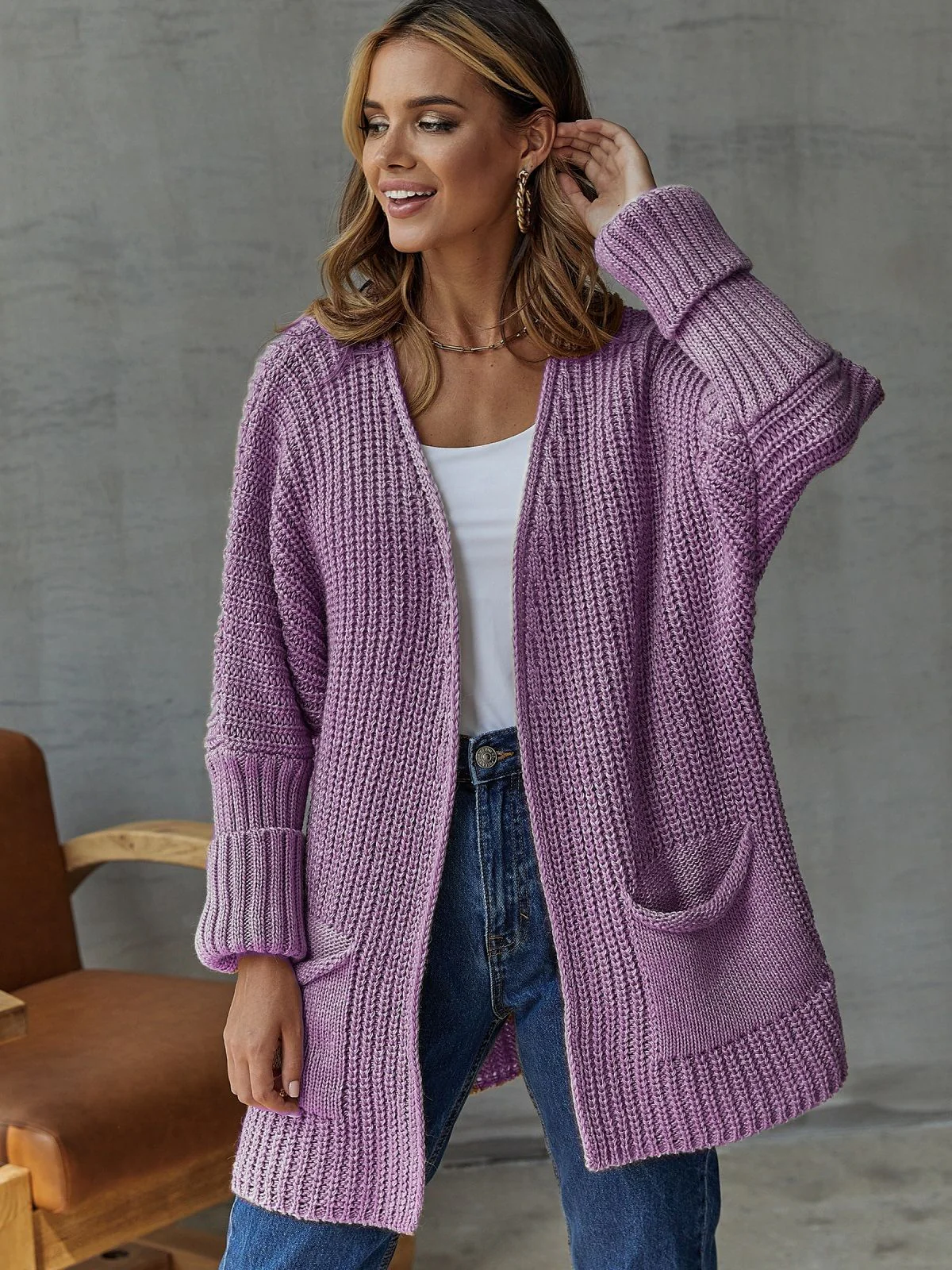 Ladies Cardigan – Oversized Fit – Ribbed – V-Neck – Long Sleeves – With Pockets - Image 6