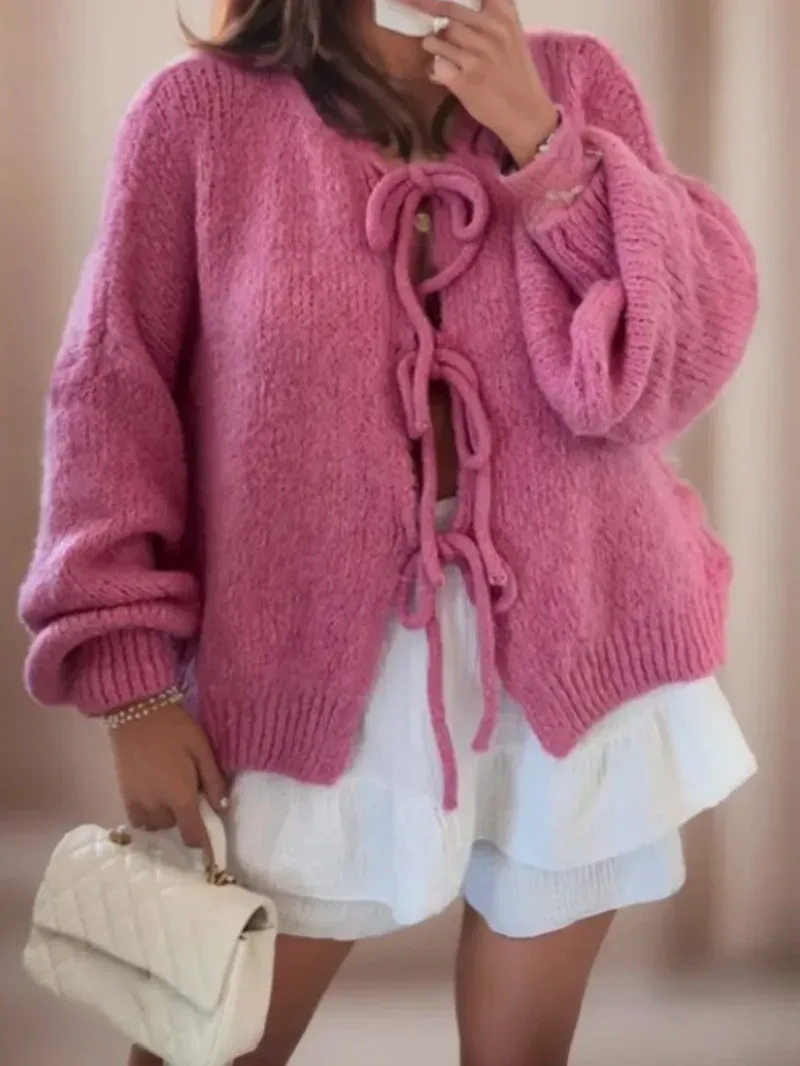 Ladies Cardigan – Oversized Fit – Wool Knit – Balloon Sleeves – Front Tie Closure - Image 2