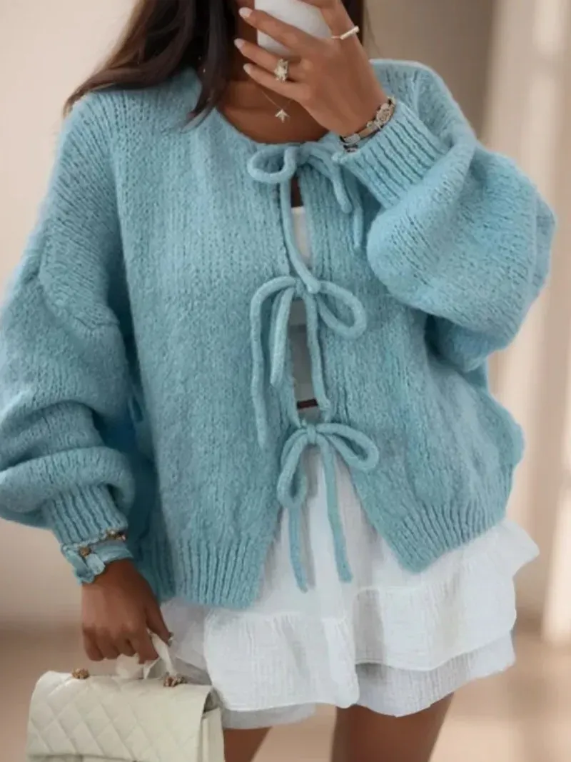 Ladies Cardigan – Oversized Fit – Wool Knit – Balloon Sleeves – Front Tie Closure - Image 3