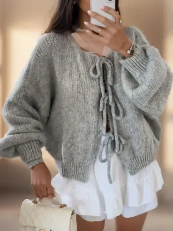 Ladies Cardigan – Oversized Fit – Wool Knit – Balloon Sleeves – Front Tie Closure - Image 4