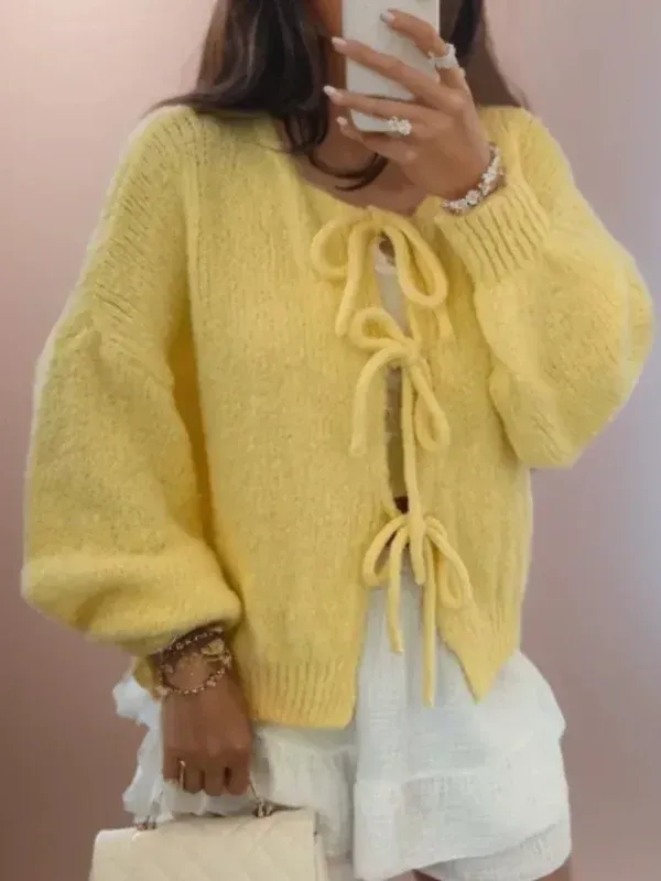 Ladies Cardigan – Oversized Fit – Wool Knit – Balloon Sleeves – Front Tie Closure - Image 5