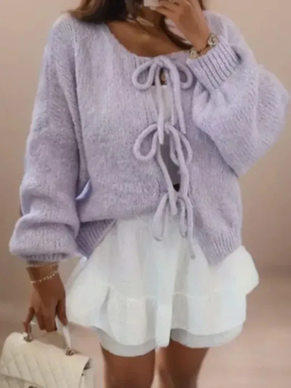 Ladies Cardigan – Oversized Fit – Wool Knit – Balloon Sleeves – Front Tie Closure - Image 6