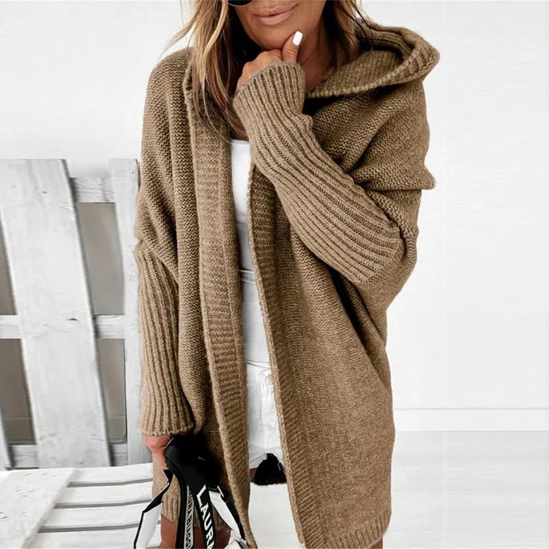 Women's Cardigan – Oversized Fit – Wool Knit – Open Front – Hood - Image 3