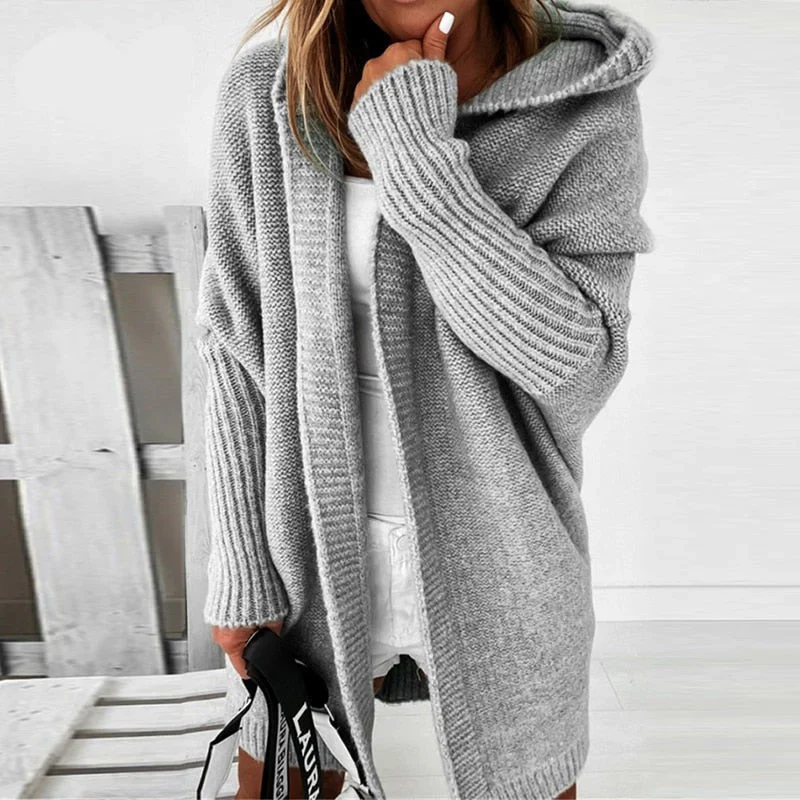 Women's Cardigan – Oversized Fit – Wool Knit – Open Front – Hood - Image 4