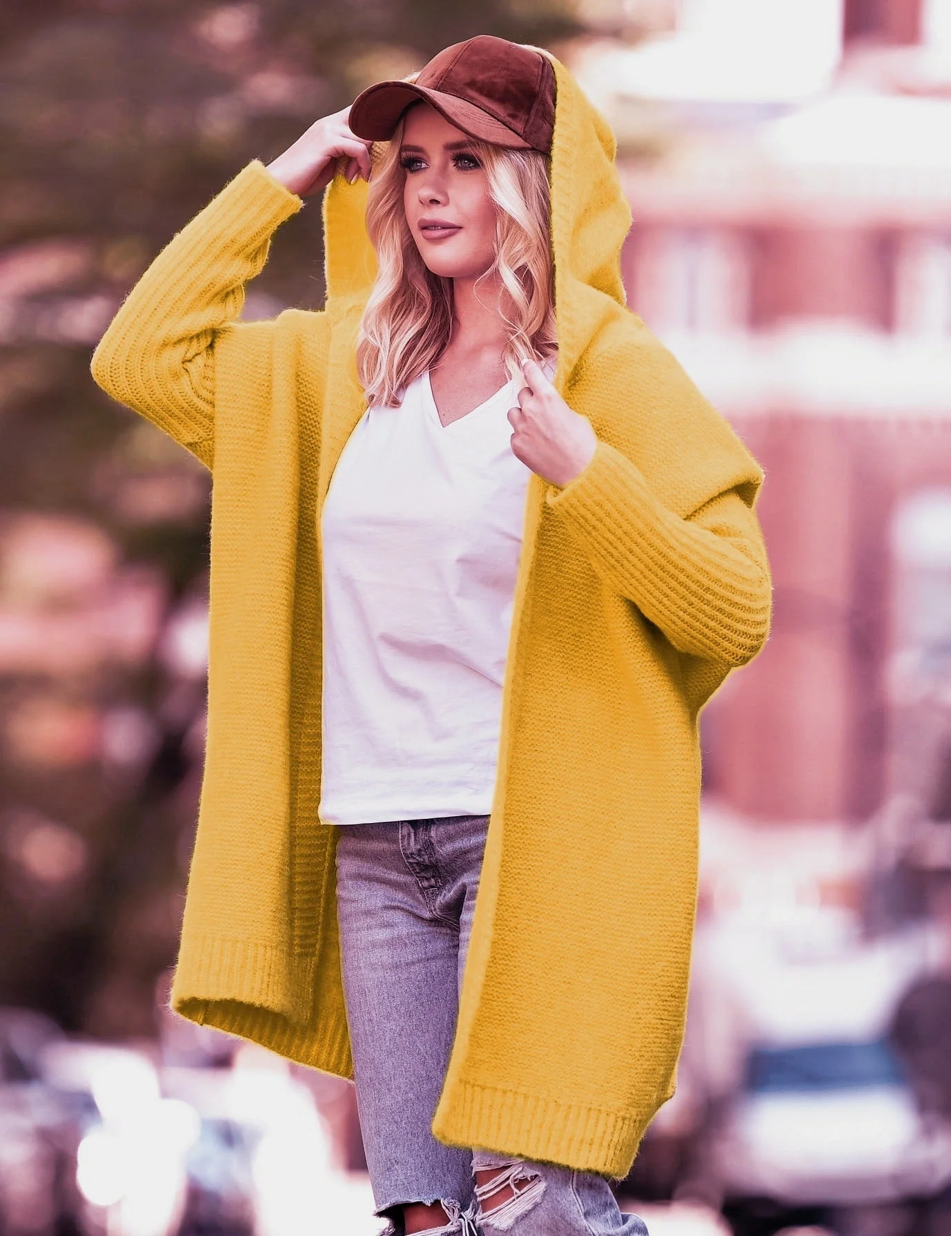 Ladies Cardigan – Oversized Fit – Wool Look – Hood – Open Front – Wide Sleeves - Image 3