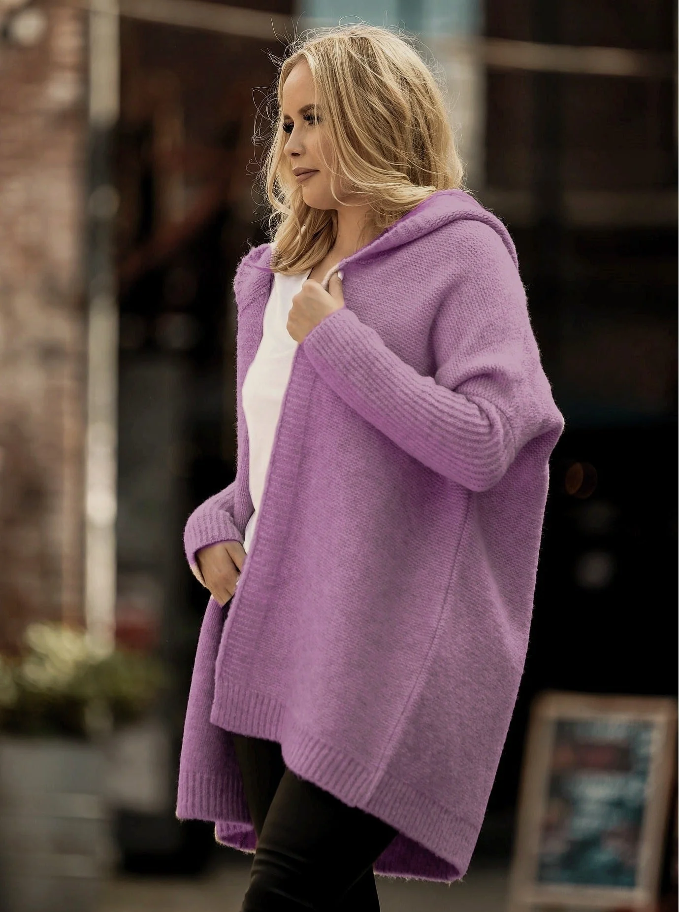 Ladies Cardigan – Oversized Fit – Wool Look – Hood – Open Front – Wide Sleeves - Image 4