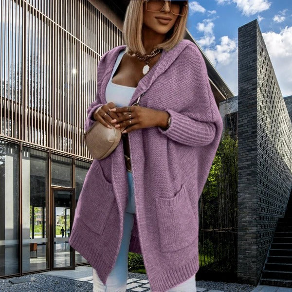 Ladies Cardigan – Oversized Fit – Wool-Look Knit – Hood – Open Front – Pockets - Image 2