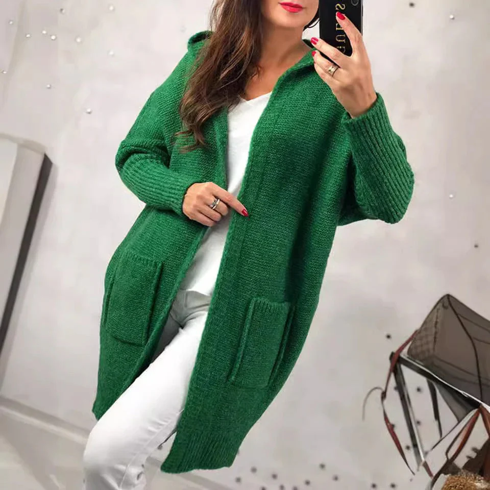 Ladies Cardigan – Oversized Fit – Wool-Look Knit – Hood – Open Front – Pockets - Image 4