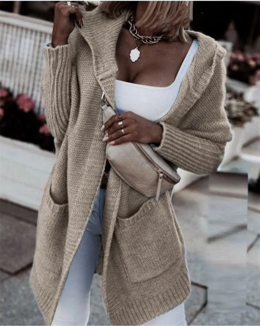 Ladies Cardigan – Oversized Fit – Wool-Look Knit – Hood – Open Front – Pockets - Image 5