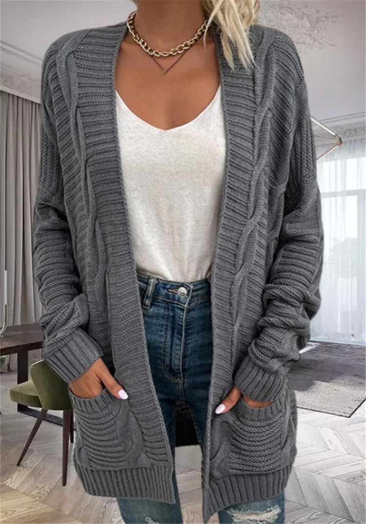Women's Cardigan – Oversized Fit – Wool Mix – Open Front – Cable Pattern With Pockets - Image 3