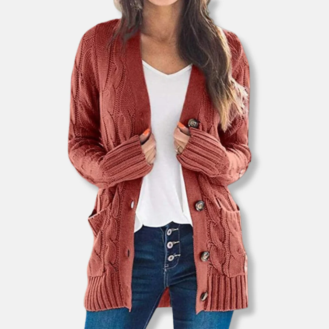 Women's Cardigan – Relaxed Fit – Chunky Cable Knit – Mid-Length – Button Closure – Pockets - Image 2
