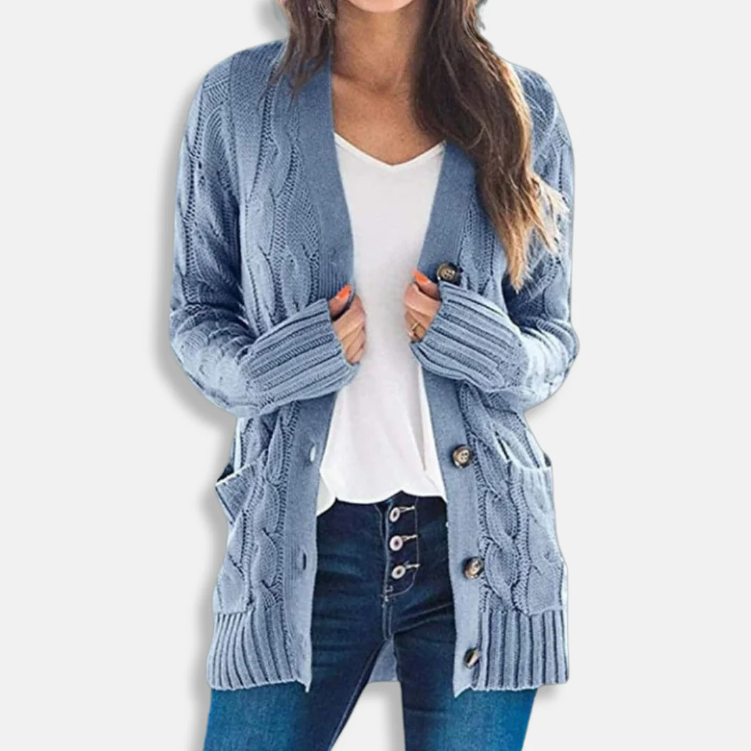 Women's Cardigan – Relaxed Fit – Chunky Cable Knit – Mid-Length – Button Closure – Pockets - Image 3