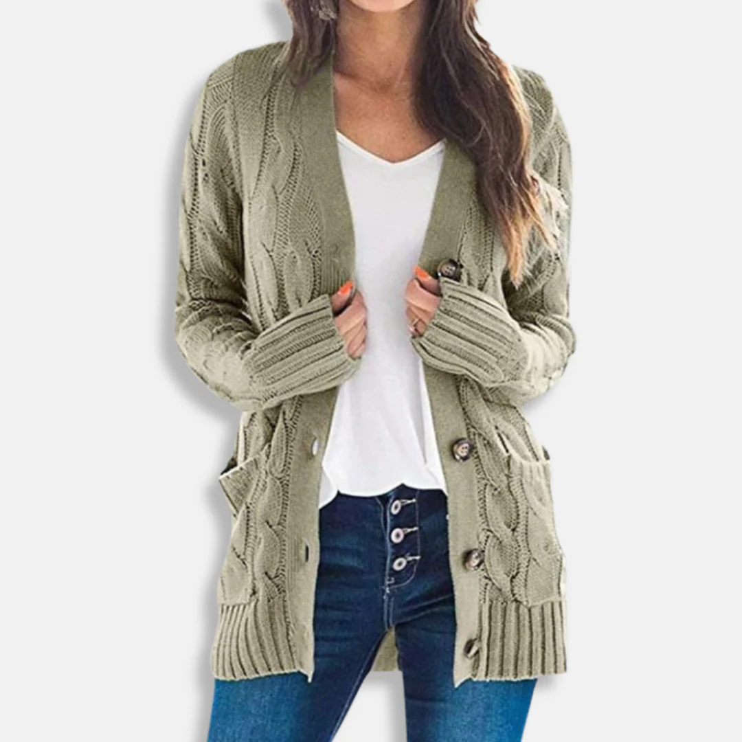 Women's Cardigan – Relaxed Fit – Chunky Cable Knit – Mid-Length – Button Closure – Pockets - Image 4