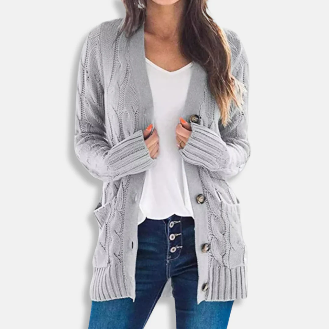 Women's Cardigan – Relaxed Fit – Chunky Cable Knit – Mid-Length – Button Closure – Pockets - Image 5