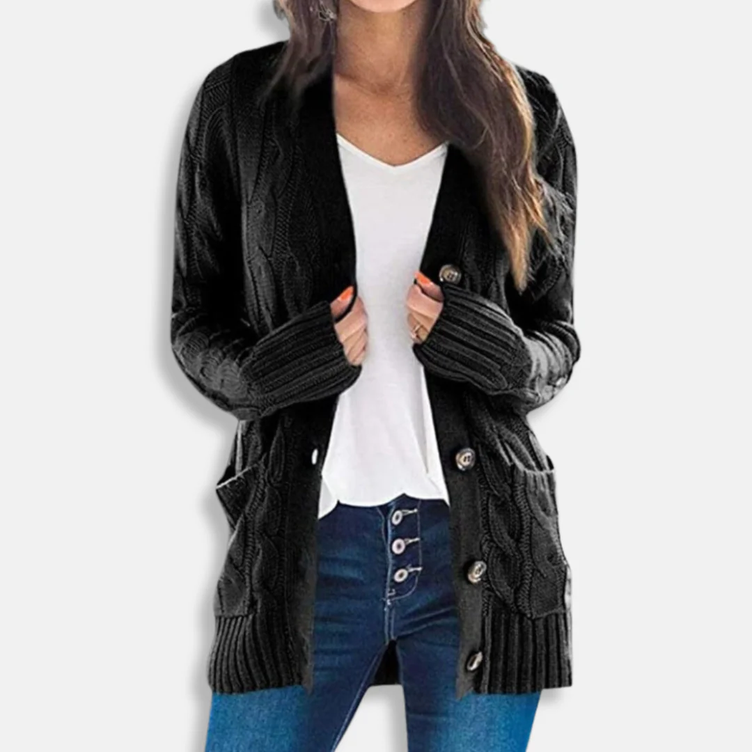 Women's Cardigan – Relaxed Fit – Chunky Cable Knit – Mid-Length – Button Closure – Pockets - Image 6