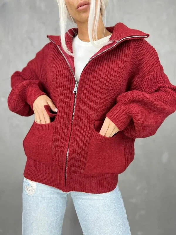 Women's Cardigan – Relaxed Fit – Knitted Wool – Zip Closure – Ribbed Texture – Flap Pockets - Image 2