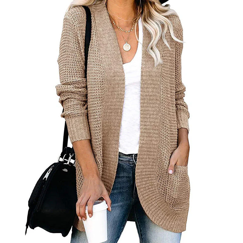 Women's Cardigan – Relaxed Fit – Knitted Fabric – V-Neck – Open Front with Pockets - Image 2