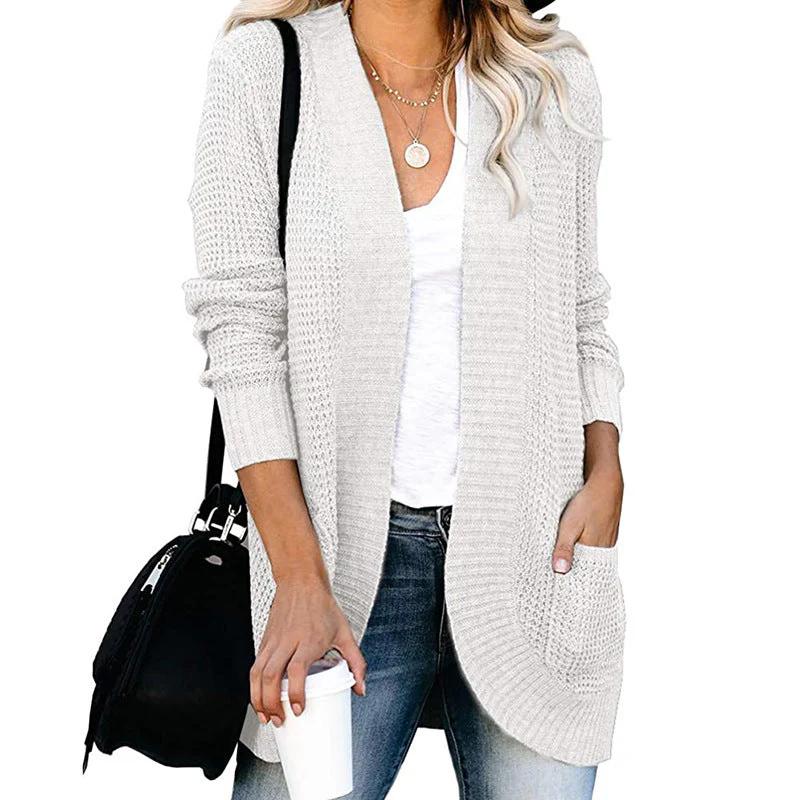 Women's Cardigan – Relaxed Fit – Knitted Fabric – V-Neck – Open Front with Pockets - Image 4