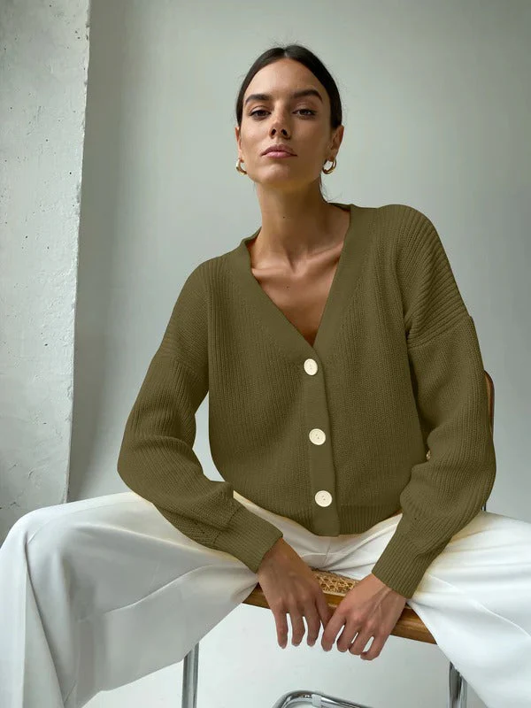 Ladies Cardigan – Relaxed Fit – Ribbed Knit – V-Neck – Button Closure – Rolled-Up Sleeves - Image 3